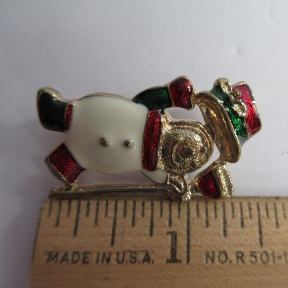 Enamel Snowman Christmas Holiday Brooch Pin Goldtone Metal Vintage Lot of 2 - Picture 4 of 12